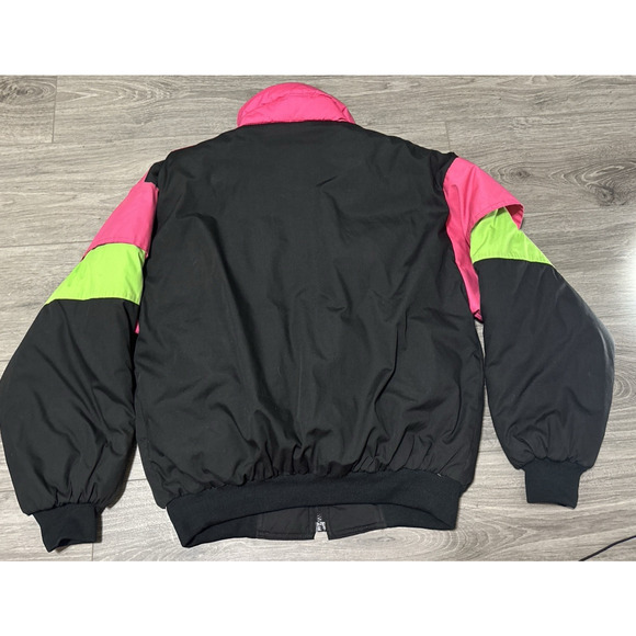 Vtg Retro Ski Jacket Womens Medium Downhill Racer Puffer 80s Blk Neon Pink Green - Picture 2 of 5